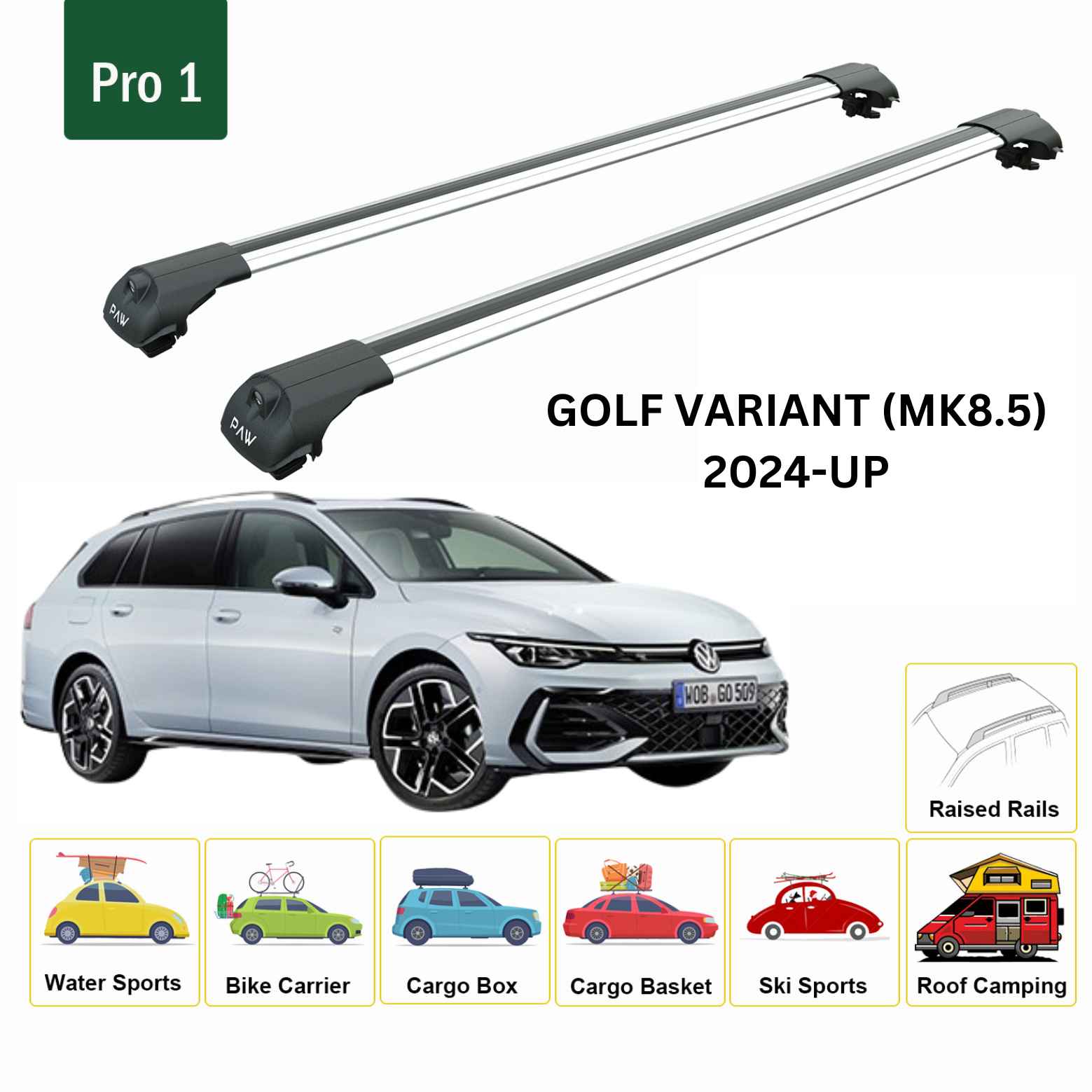 For Volkswagen Golf Variant (MK8.5) 2024-Up Roof Rack Cross Bar Raised Rail Alu Silver For Volkswagen Golf Variant (MK8.5) 2024-Up Roof Rack Cross Bar Raised Rail Alu Silver